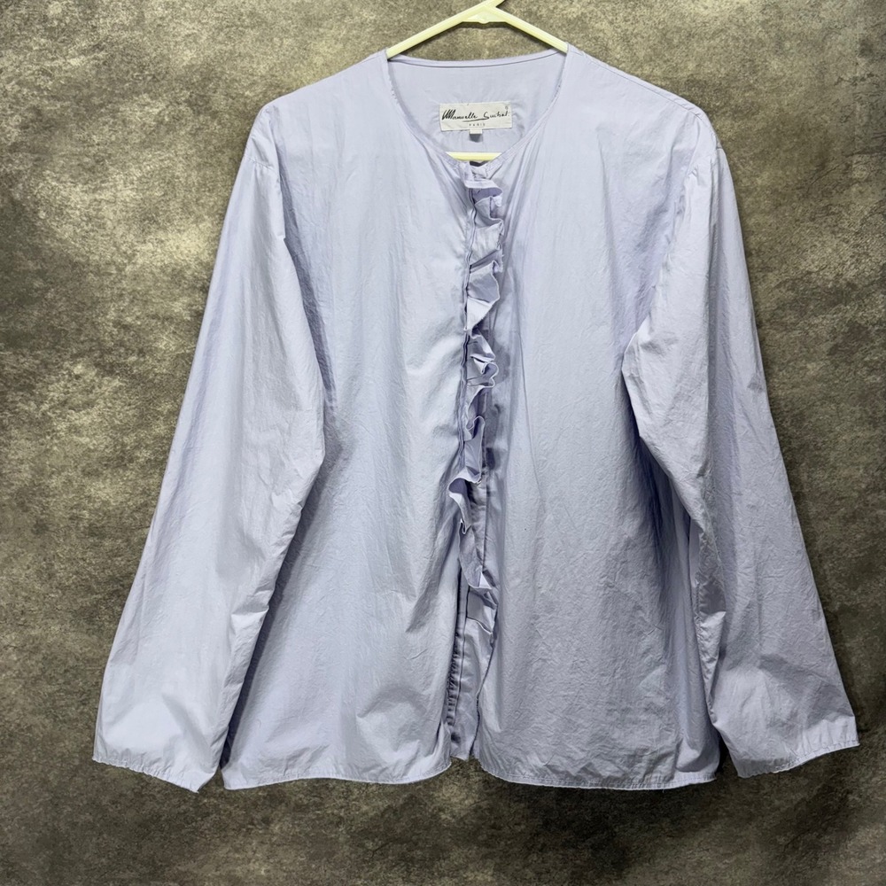 Manuelle Guibal Paris Light Blue Ruffle Front Button Up Shirt Blouse Sz 1 Cotton